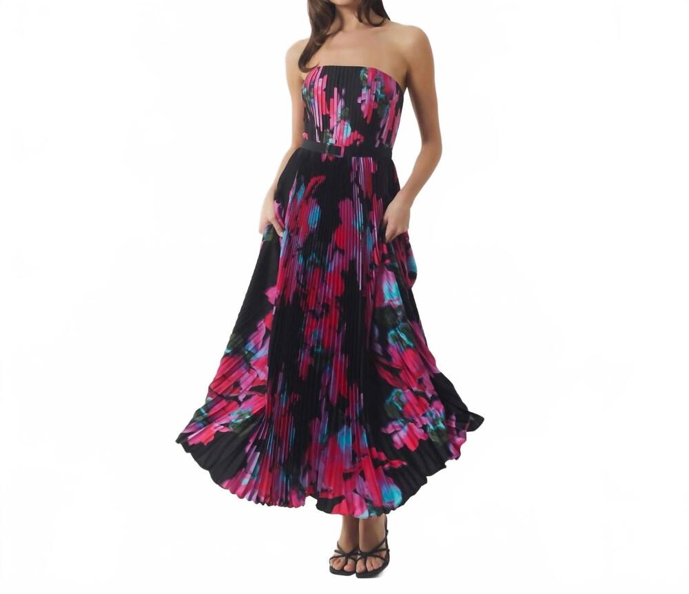 NEW HUTCH women's floral pleated strapless maxi dress in black/pink